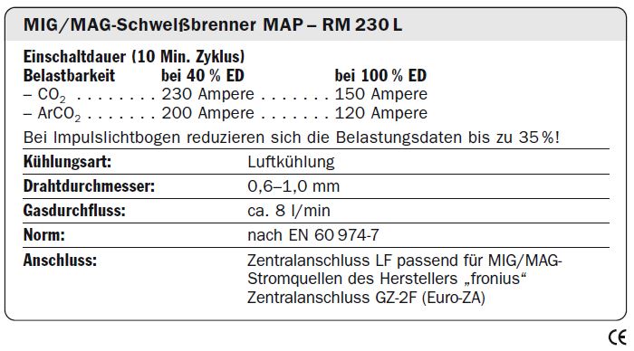 MIG MAG Brenner RM 230L kompatibel als AL 2300 Schlauchpaket von Fronius