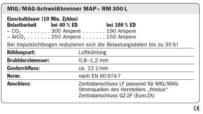 MIG MAG Brenner RM 300L kompatibel als AL3000 Schlauchpaket von Fronius