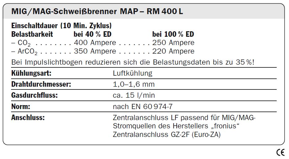 MIG MAG Brenner RM 400L kompatibel als AL4000 Schlauchpaket von Fronius